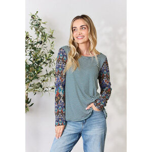 Hailey & Co Striped Round Neck Geometric Long Sleeve T-Shirt